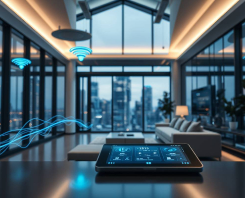 Modern Toronto smart home interior with integrated Wi-Fi access points and smart devices, powered by powersol for seamless connectivity.