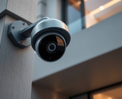 A PowerSol smart security camera mounted on the corner of a modern luxury home in the Greater Toronto Area.