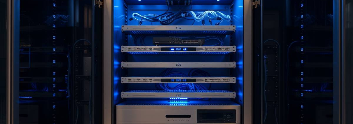 Professional PowerSol smart 5G network cabinet in a modern Toronto home featuring blue LED lighting and high-tech equipment.