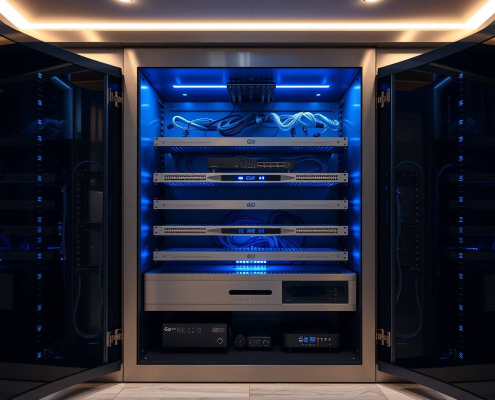 Professional PowerSol smart 5G network cabinet in a modern Toronto home featuring blue LED lighting and high-tech equipment.