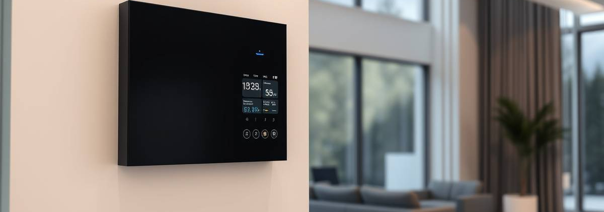 Professional photo of a sleek black Powersol smart electrical panel with a blue LED, installed on a white wall in a modern Toronto home.