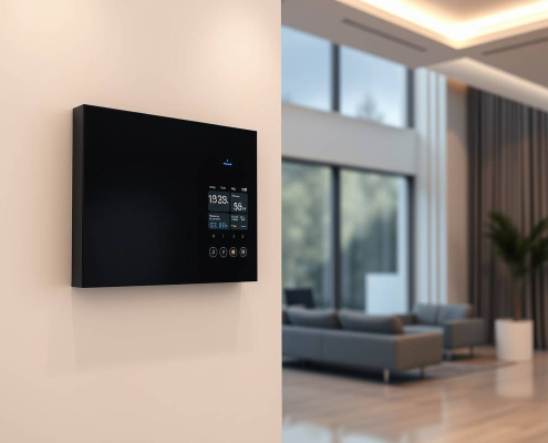 Professional photo of a sleek black Powersol smart electrical panel with a blue LED, installed on a white wall in a modern Toronto home.