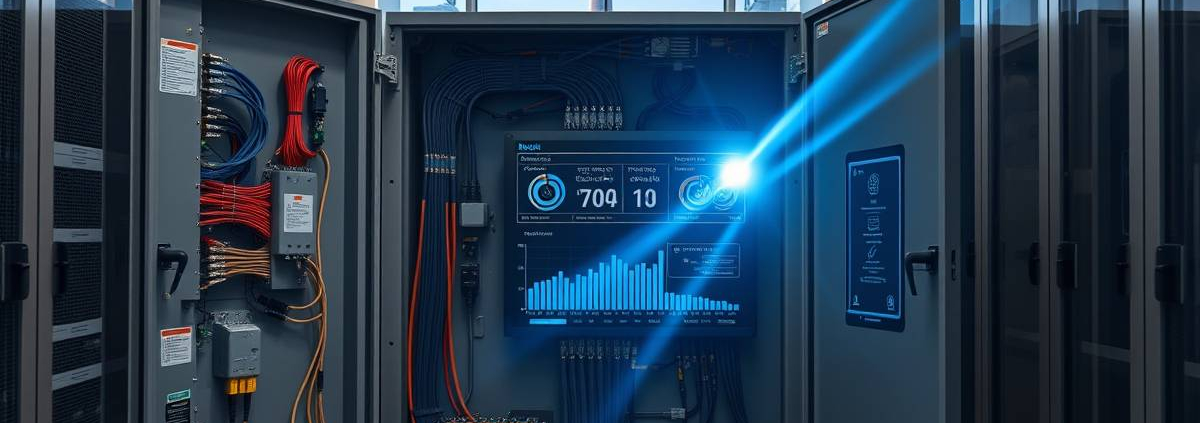 Powersol smart energy monitor installed in a clean Toronto electrical panel, displaying real-time efficiency data on its digital screen.