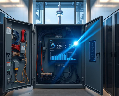 Powersol smart energy monitor installed in a clean Toronto electrical panel, displaying real-time efficiency data on its digital screen.