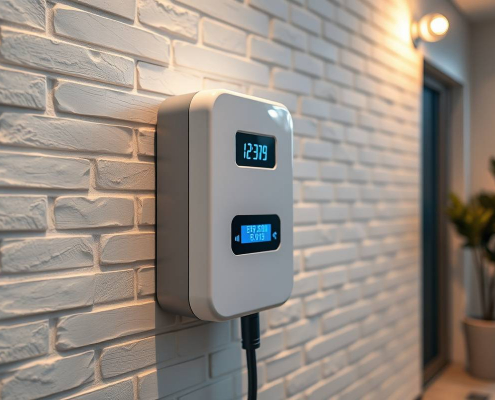Sleek PowerSol smart EV charger panel installed on a modern Toronto home's white brick wall, no upgrades needed