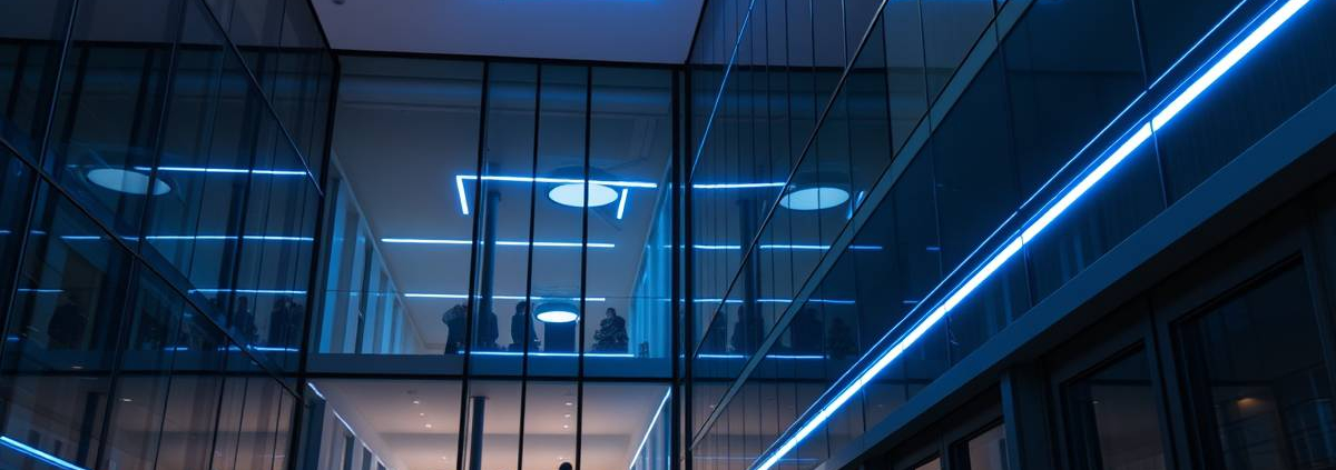 PowerSol's modern smart LED lighting system in a downtown Toronto high-rise, featuring sleek design and intelligent control.