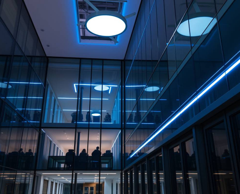 PowerSol's modern smart LED lighting system in a downtown Toronto high-rise, featuring sleek design and intelligent control.