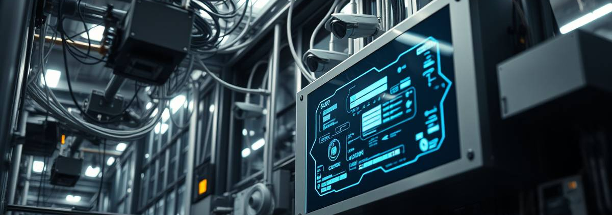 powersol low-voltage automation panel glowing neon-blue in a glass-steel industrial setting