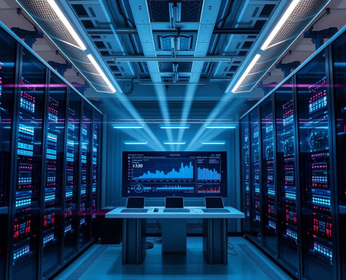 PowerSol AI energy command center with real-time analytics on curved displays in a high-tech facility.