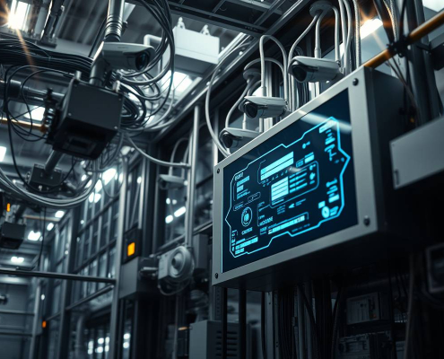 powersol low-voltage automation panel glowing neon-blue in a glass-steel industrial setting