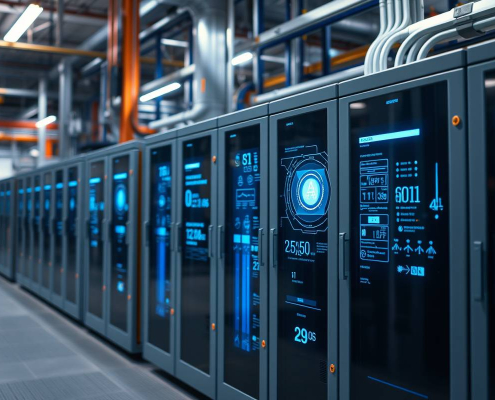 PowerSol AI predictive maintenance for Eaton/Schneider panels with glowing interface elements