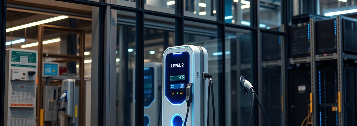 Powersol Level 2 EV Charger in Toronto: sleek glass-steel structure with smart automation and neon accents