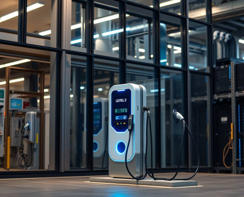 Powersol Level 2 EV Charger in Toronto: sleek glass-steel structure with smart automation and neon accents