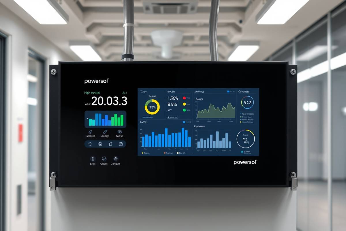Close-up of a modern Smart Electrical Panel with AI interface, showing energy data and controls in a sleek digital display. The panel is installed in a clean, contemporary setting, highlighting its advanced features.