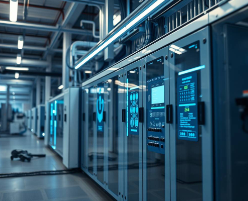 PowerSol's AI-powered smart electrical panel in sleek industrial setting