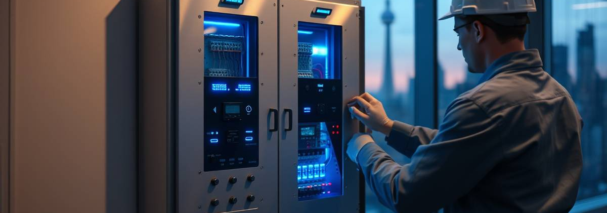 PowerSol smart electrical panel with blue LEDs installed in Toronto commercial building