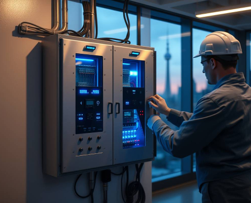 PowerSol smart electrical panel with blue LEDs installed in Toronto commercial building