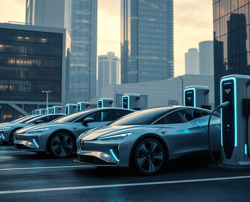 PowerSol V2G grid systems in GTA with EVs and glowing charging stations under skyscrapers