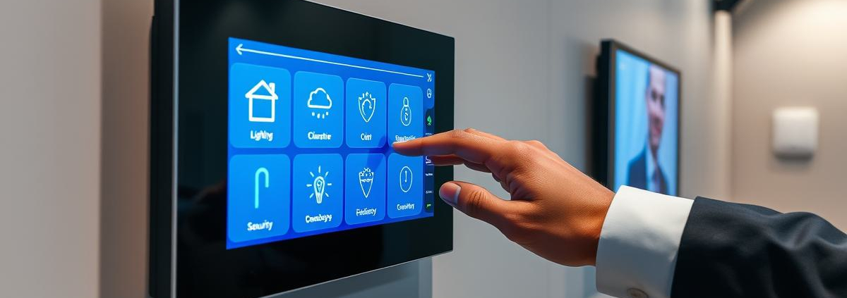 Professional interacting with modern smart home control panel for advanced Home Automation Systems Toronto by PowerSol, showcasing integrated low voltage security.