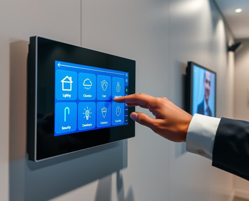 Professional interacting with modern smart home control panel for advanced Home Automation Systems Toronto by PowerSol, showcasing integrated low voltage security.