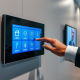Professional interacting with modern smart home control panel for advanced Home Automation Systems Toronto by PowerSol, showcasing integrated low voltage security.
