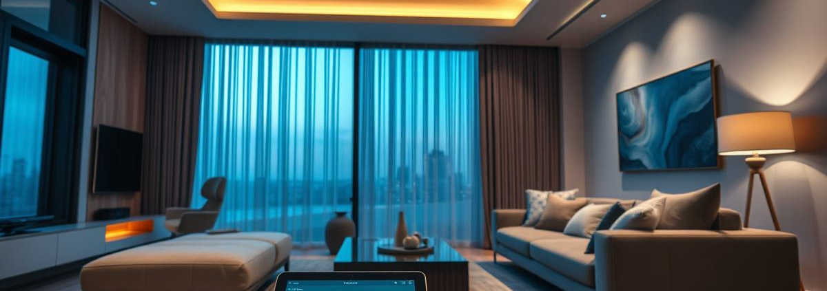 Modern living room showcasing Entire Home Automation controls via a smart tablet and subtle lighting effects, installed by PowerSol.