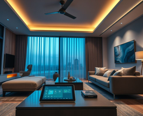 Modern living room showcasing Entire Home Automation controls via a smart tablet and subtle lighting effects, installed by PowerSol.