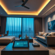Modern living room showcasing Entire Home Automation controls via a smart tablet and subtle lighting effects, installed by PowerSol.