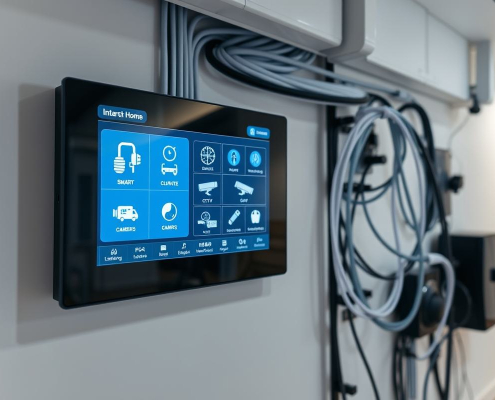 Modern smart home panel displaying integrated lighting, climate, and security systems, highlighting the Home Automation Benefits provided by PowerSol.