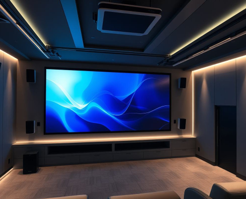 Experience cutting-edge 8K home theater installation by PowerSol, featuring sleek design and immersive sound for your Toronto home.