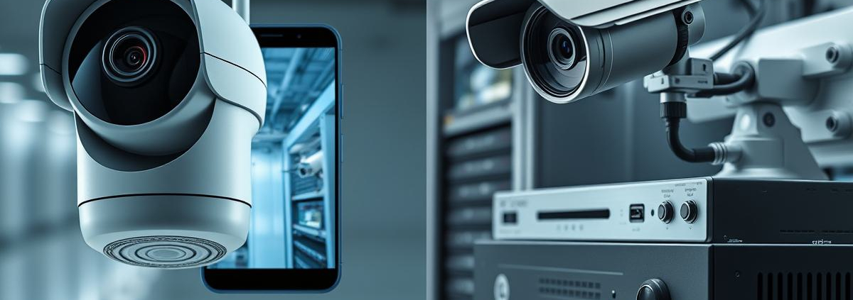 PowerSol compares modern Smart Security Cameras with traditional CCTV systems, showing a sleek camera and a classic DVR setup.