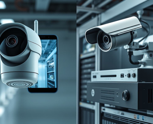 PowerSol compares modern Smart Security Cameras with traditional CCTV systems, showing a sleek camera and a classic DVR setup.