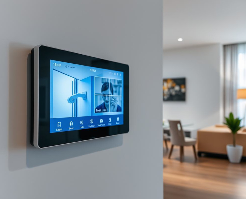 Sleek smart home setup for busy families by PowerSol, featuring integrated control panel, smart lighting, locks, and CCTV.