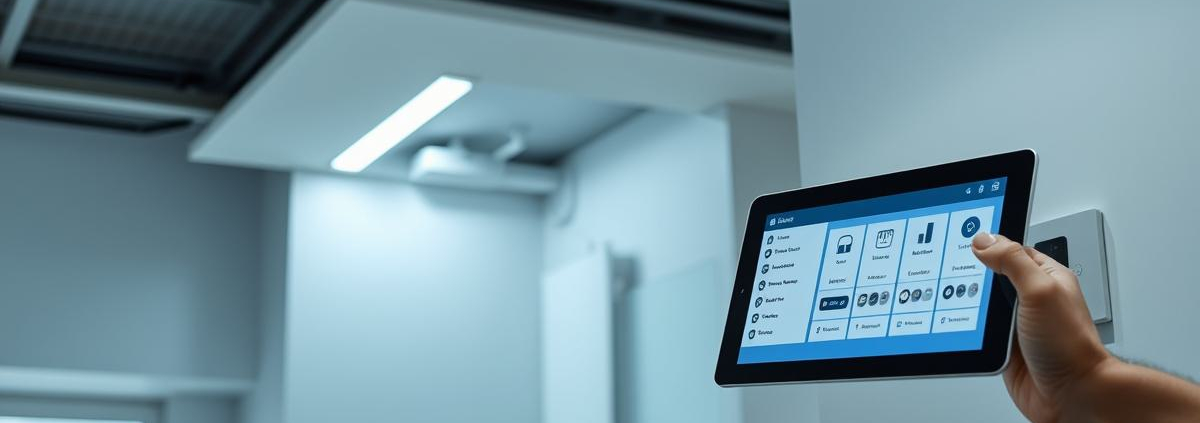 Modern interior with sleek recessed LEDs and a smart control panel, highlighting PowerSol's wireless smart lighting Toronto expertise.