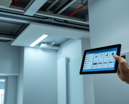 Modern interior with sleek recessed LEDs and a smart control panel, highlighting PowerSol's wireless smart lighting Toronto expertise.