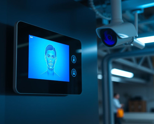 Advanced AI Home Security GTA system by PowerSol, featuring a sleek facial recognition panel and discreet CCTV camera for ultimate protection.